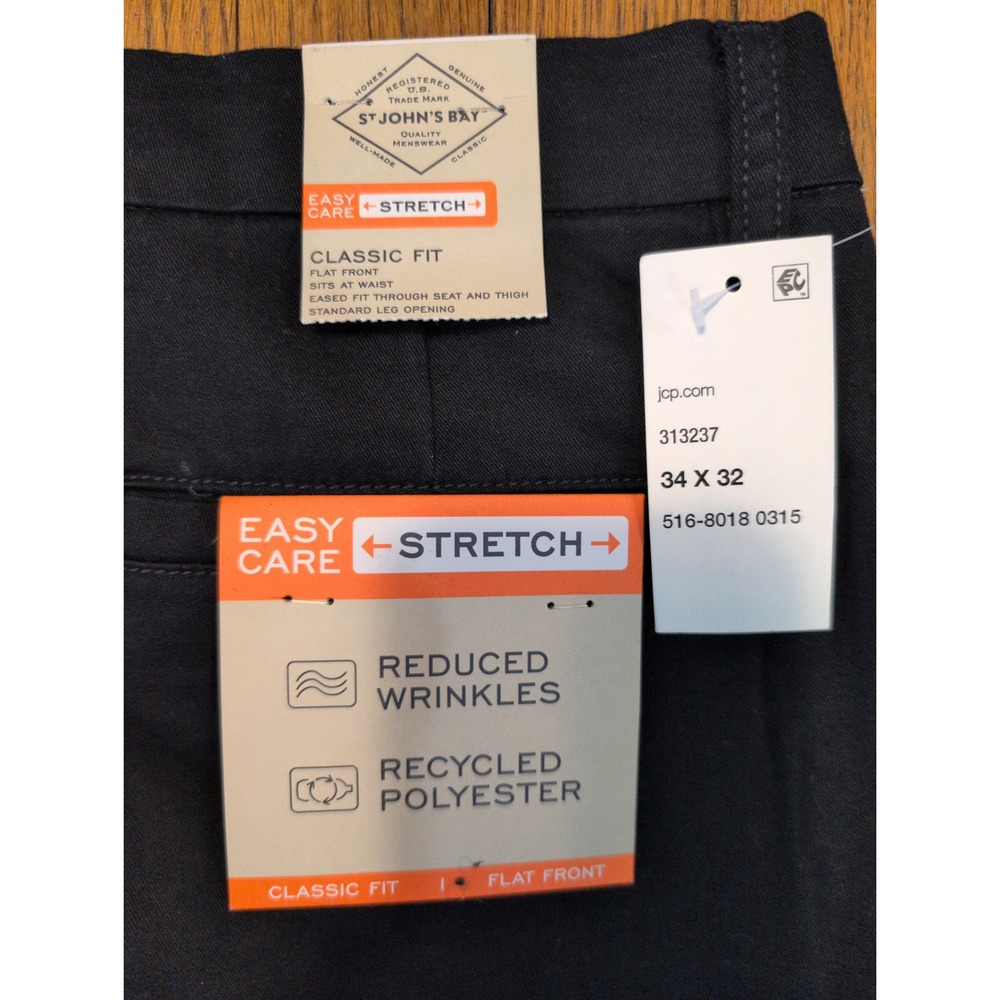 St Johns Bay Mens Black Classic Fit Easy Care Stretch Flat Front Pants 34x32 NWT - Picture 4 of 5